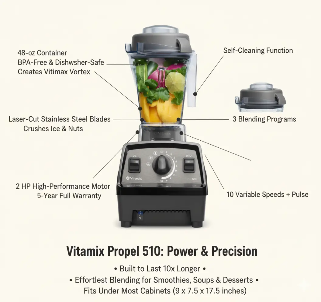Vitamix Propel Series 510 Blender with Three Blending Programs, Professional-Grade Blender for Smoothies and More, Stainless-Steel Blades, Self-Cleaning Kitchen Appliance, 48 Oz Container, Black